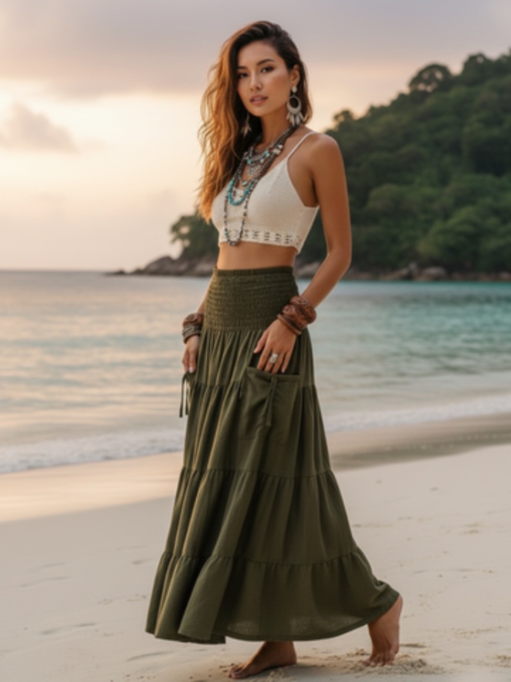 Thaluta Keela Olive Tiered 100% Organic Cotton Maxi Skirt Smocked Waistband
